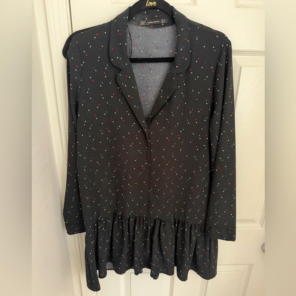 Women's Black Long Sleeve Mini Drop Waist Dress with Collar and Stars